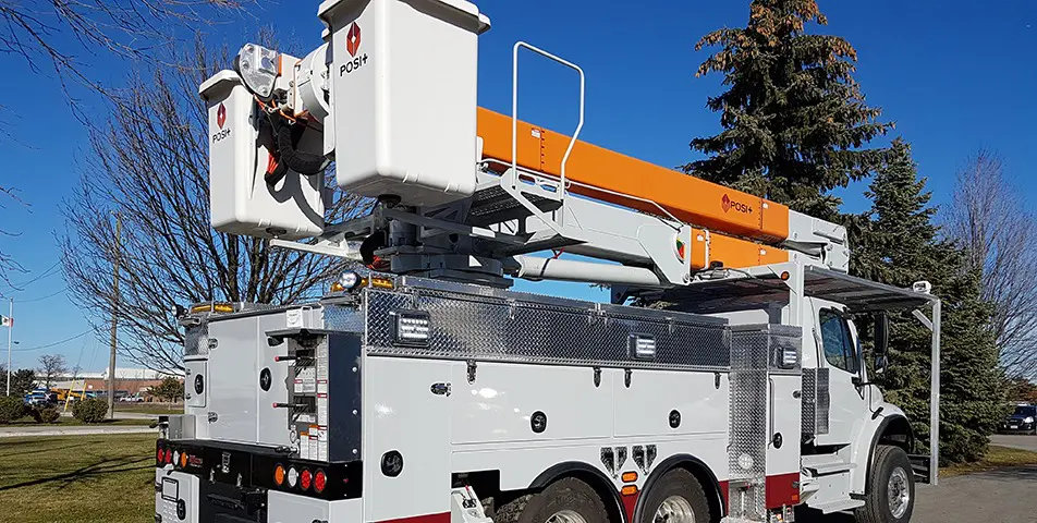 White Utility Truck Bodies - Side and back view with double bucket Posi+ Crane attachment