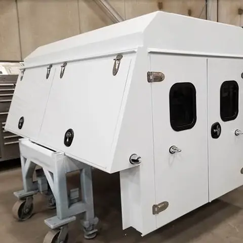 White Custom Truck Bodies with Barn Doors and side compartments