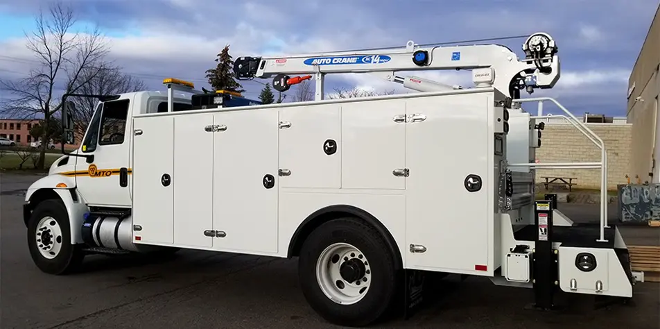 White Mechanics Truck Bodies with Auto Crane attachment and side panel compartments