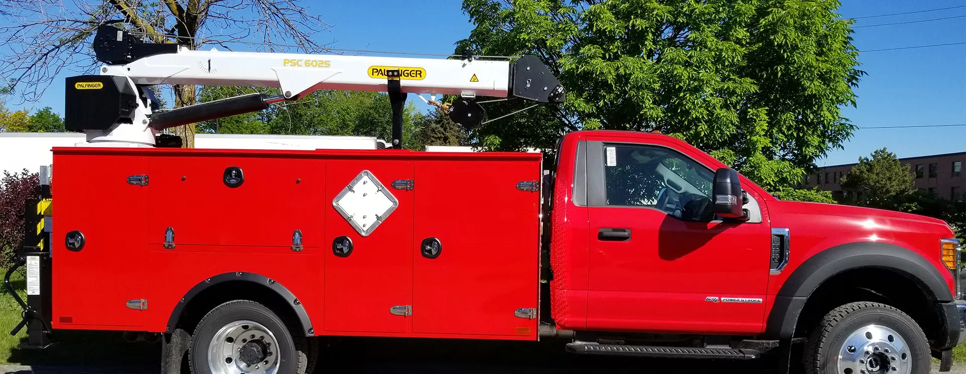 Red Mechanics Truck Bodies - side view with Pallinger crane attachment