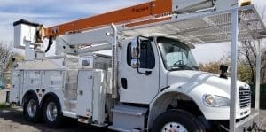 White Utility Truck Body with Posi+ Crane attachment and side panel storage compartments