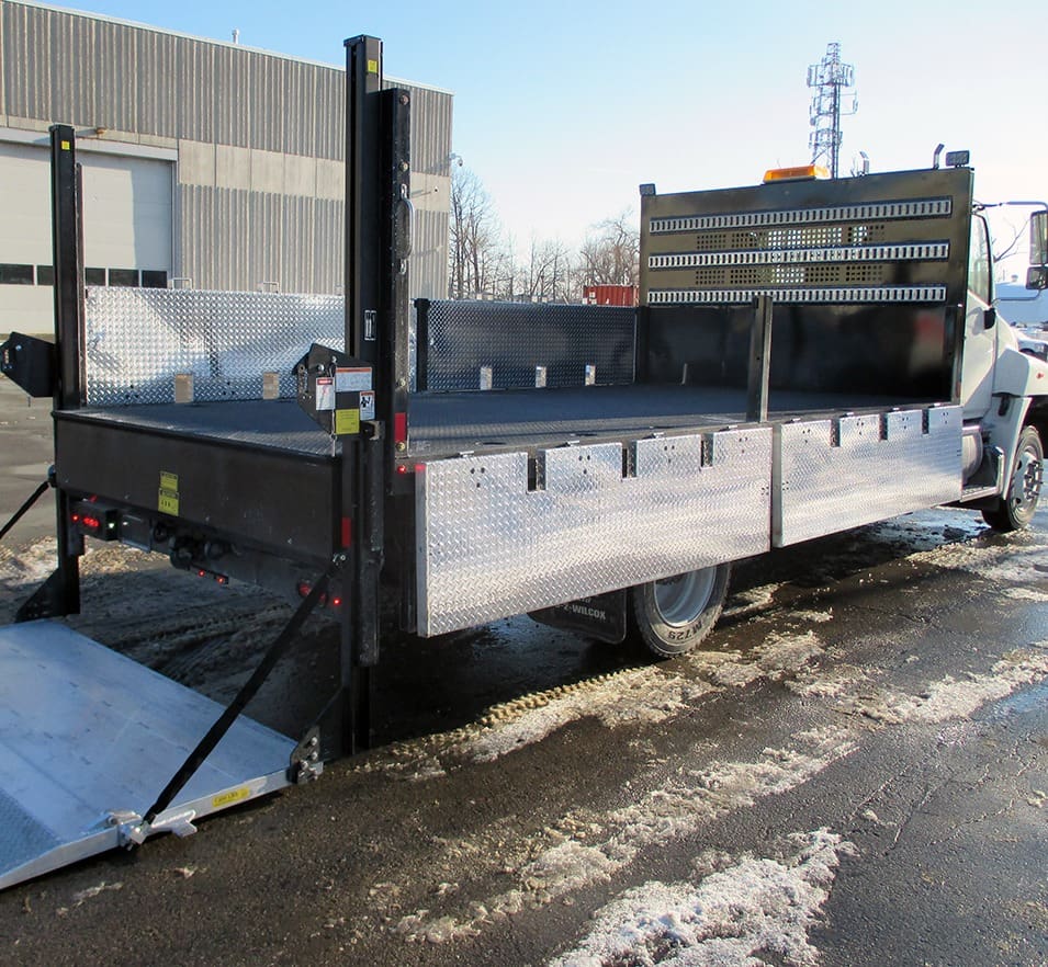 Flat Deck Truck Bodies with drop down sides and hydraulic liftgate