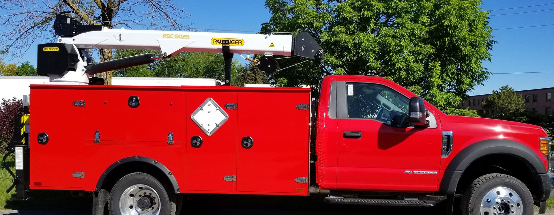 Red Mechanics Truck Bodies - side view with Pallinger crane attachment